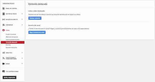 youtube creator studio canal contenido destacado