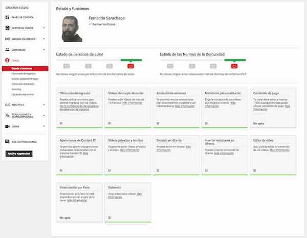youtube creator studio canal estado y funciones