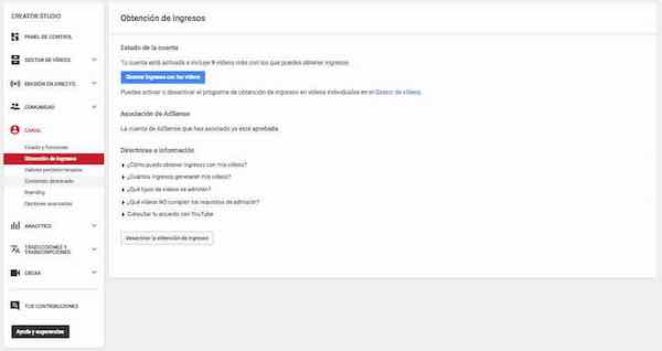 youtube creator studio canal obtencion de ingresos