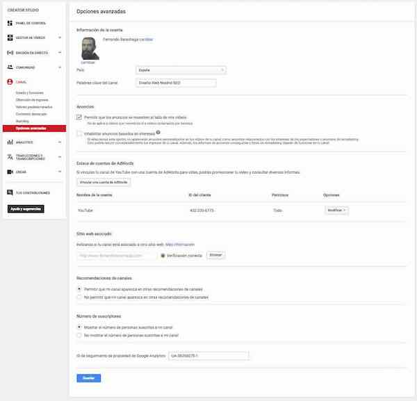 youtube creator studio canal opciones avanzadas