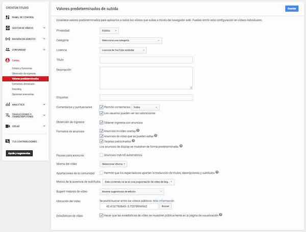 Youtube Creator Studio | Video Manager - Studio Channel - Default Settings