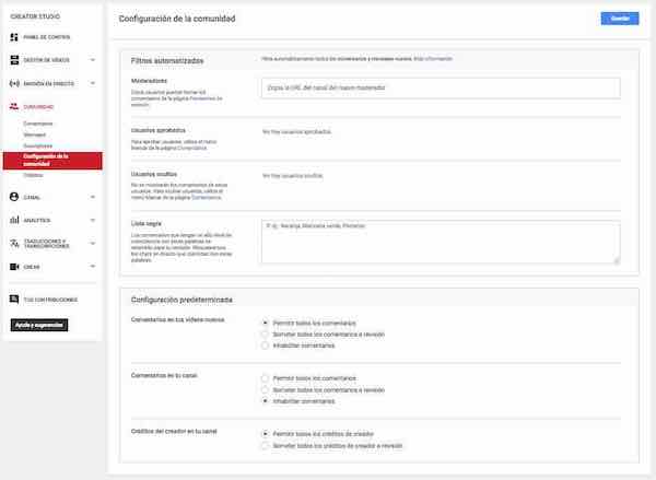 youtube creator studio comunidad configuracion de la comunidad