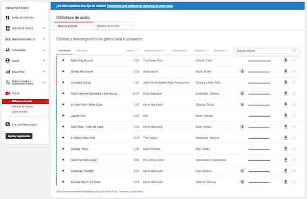 youtube creator studio crear biblioteca de audio