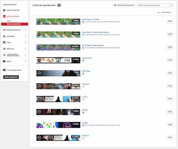 youtube creator studio gestor de videos listas de reproduccion