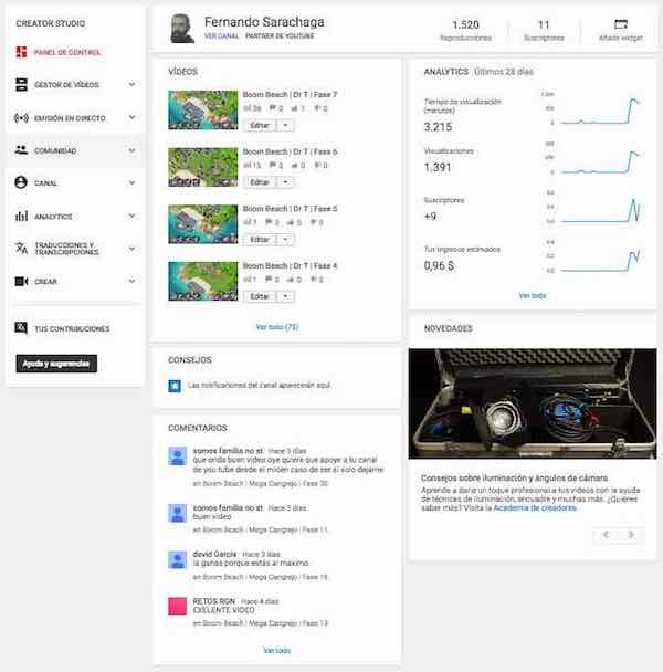 youtube creator studio panel de control